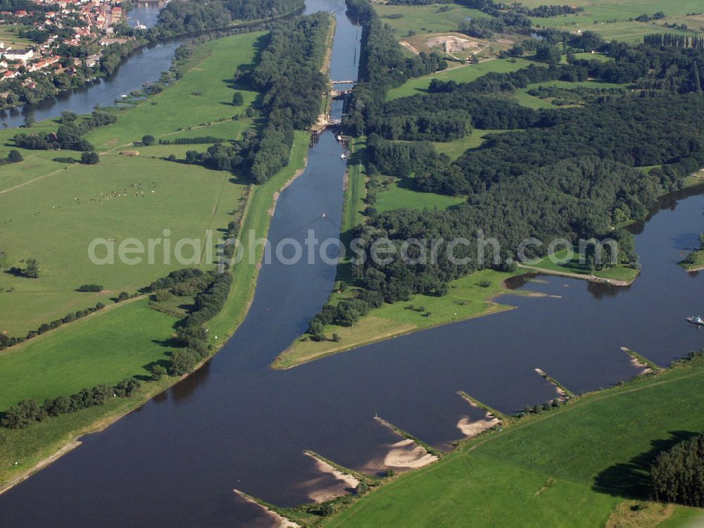 Havelberg from the bird's eye view: Blick auf die Einmündung Mündung der Havel in die Elbe bei Havelberg.