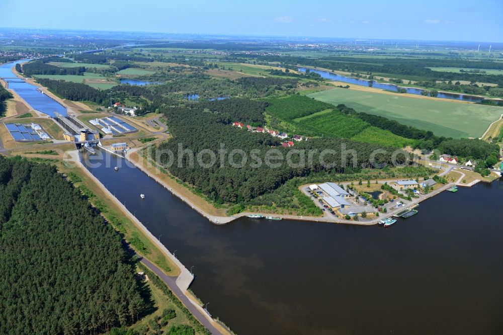 Burg (bei Magdeburg) from above - Course of the Elbe-Havel canal at the mouth of the Niegripp connecting canal and the double water lock Hohenwarte in Burg (bei Magdeburg) in the state Saxony-Anhalt