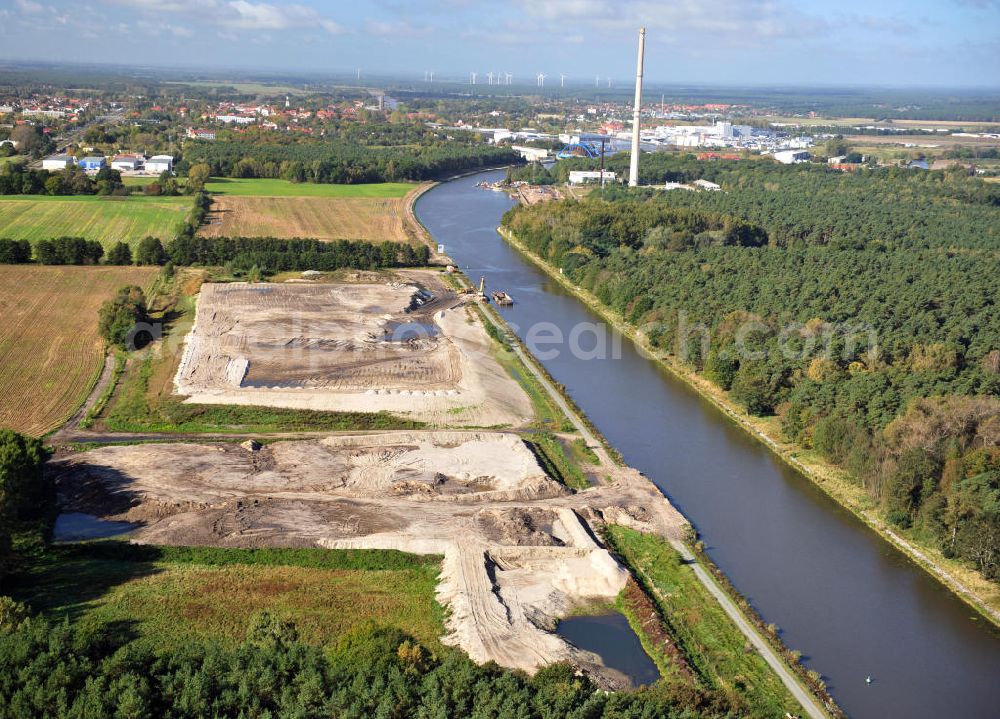 Genthin from the bird's eye view: Streckenausbau Elbe-Havel-Kanal bei Genthin in Sachsen-Anhalt. Ein Projekt des WSV, Wasser- und Schifffahrtsverwaltung des Bundes. Extension of the waterway line Elbe-Havel-Canal close by Genthin, Saxony-Anhalt.