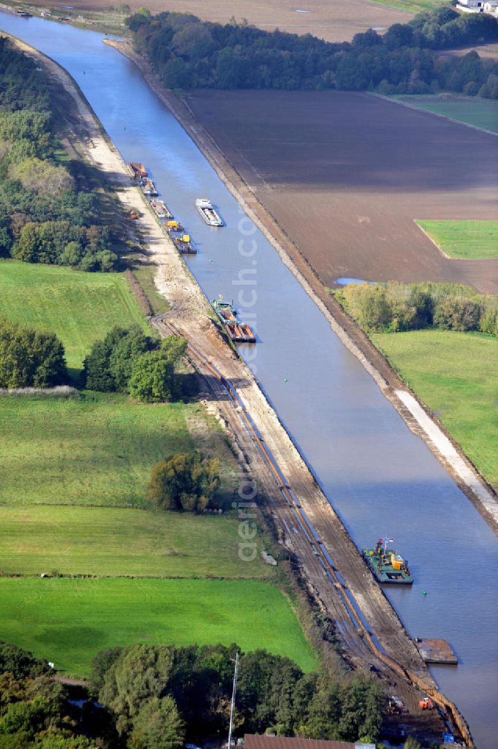 Genthin from the bird's eye view: Streckenausbau Elbe-Havel-Kanal bei Genthin in Sachsen-Anhalt. Ein Projekt des WSV, Wasser- und Schifffahrtsverwaltung des Bundes. Extension of the waterway line Elbe-Havel-Canal close by Genthin, Saxony-Anhalt.