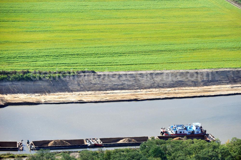 Genthin from the bird's eye view: Streckenausbau Elbe-Havel-Kanal zwischen Genthin und Seedorf in Sachsen-Anhalt. Ein Projekt des WSV, Wasser- und Schifffahrtsverwaltung des Bundes. Extension of the waterway line Elbe-Havel-Canal among Genthin and Seedorf, Saxony-Anhalt.