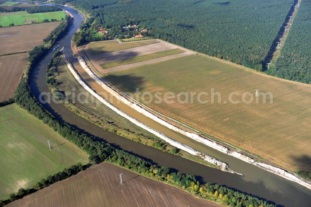 Genthin from above - Streckenausbau Elbe-Havel-Kanal zwischen Genthin und Seedorf in Sachsen-Anhalt. Ein Projekt des WSV, Wasser- und Schifffahrtsverwaltung des Bundes. Extension of the waterway line Elbe-Havel-Canal among Genthin and Seedorf, Saxony-Anhalt.