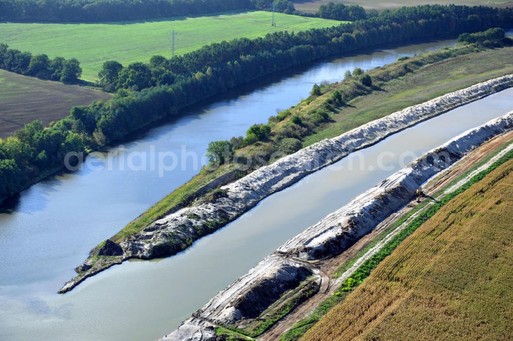 Genthin from the bird's eye view: Streckenausbau Elbe-Havel-Kanal zwischen Genthin und Seedorf in Sachsen-Anhalt. Ein Projekt des WSV, Wasser- und Schifffahrtsverwaltung des Bundes. Extension of the waterway line Elbe-Havel-Canal among Genthin and Seedorf, Saxony-Anhalt.