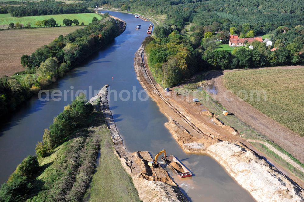 Genthin from above - Streckenausbau Elbe-Havel-Kanal zwischen Genthin und Seedorf in Sachsen-Anhalt. Ein Projekt des WSV, Wasser- und Schifffahrtsverwaltung des Bundes. Extension of the waterway line Elbe-Havel-Canal among Genthin and Seedorf, Saxony-Anhalt.