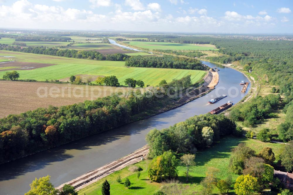 Genthin from the bird's eye view: Streckenausbau Elbe-Havel-Kanal zwischen Genthin und Seedorf in Sachsen-Anhalt. Ein Projekt des WSV, Wasser- und Schifffahrtsverwaltung des Bundes. Extension of the waterway line Elbe-Havel-Canal among Genthin and Seedorf, Saxony-Anhalt.