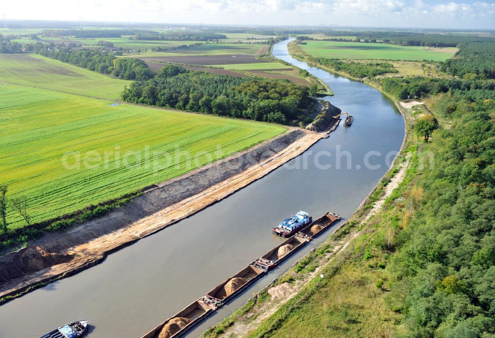 Genthin from above - Streckenausbau Elbe-Havel-Kanal zwischen Genthin und Seedorf in Sachsen-Anhalt. Ein Projekt des WSV, Wasser- und Schifffahrtsverwaltung des Bundes. Extension of the waterway line Elbe-Havel-Canal among Genthin and Seedorf, Saxony-Anhalt.