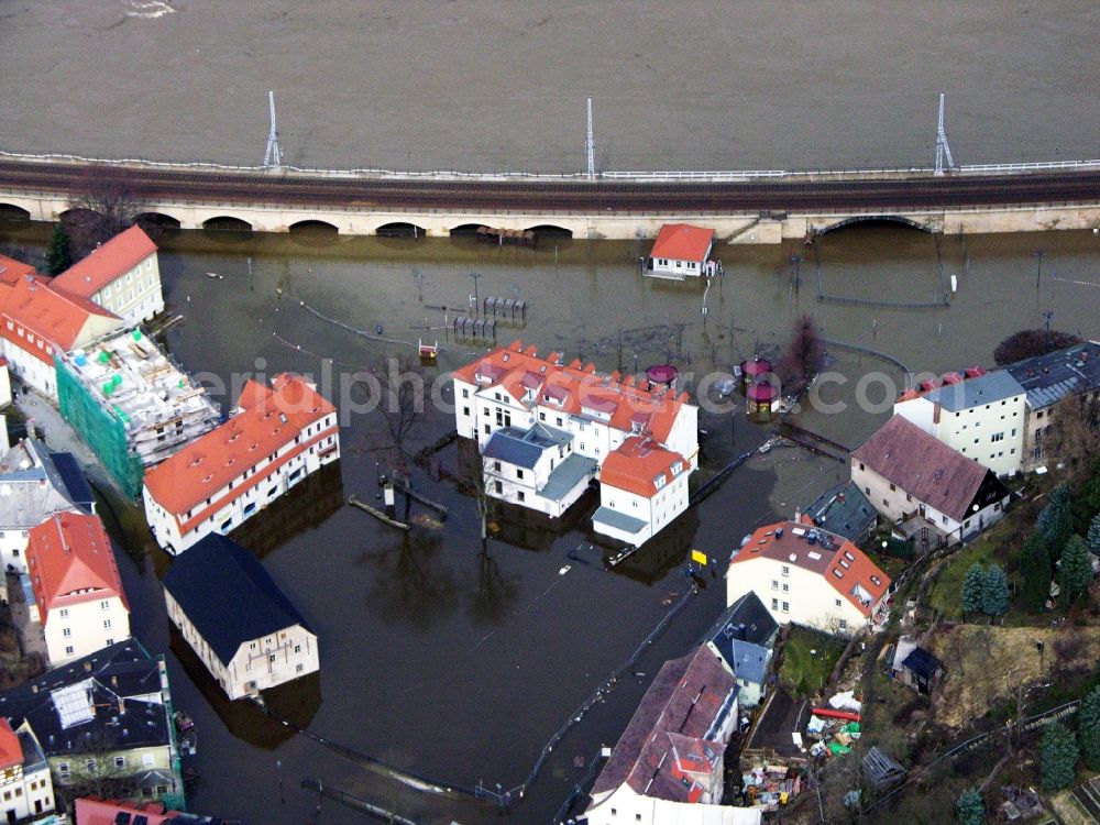 Königstein from above - Flood situation elbe river around and in the area in Koenigstein in the state Saxony, Germany