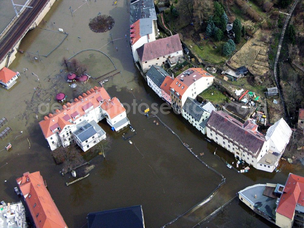 Königstein from above - Flood situation elbe river around and in the area in Koenigstein in the state Saxony, Germany