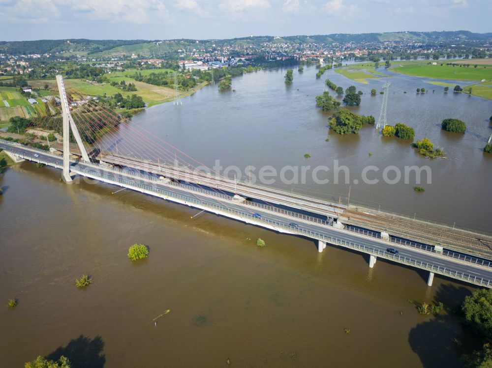 Radebeul from above - River - Bridge structure for crossing the Elbe - Elbe bridge during flooding in the district of Niederwartha in Radebeul in the federal state of Saxony, Germany