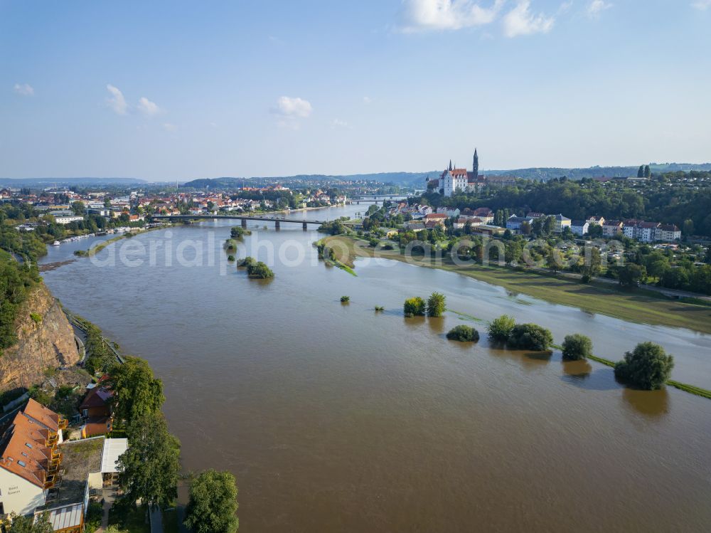 Aerial image Meißen - Elbe flood in Meissen in the state of Saxony, Germany