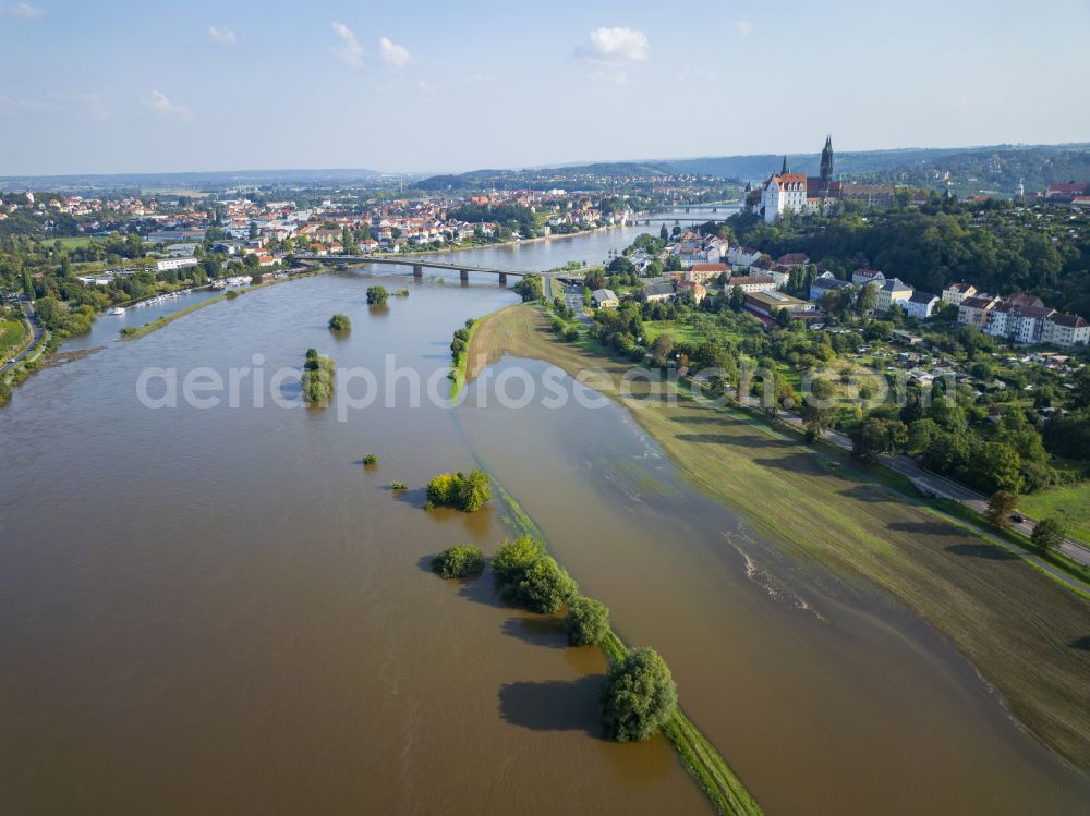 Aerial photograph Meißen - Elbe flood in Meissen in the state of Saxony, Germany