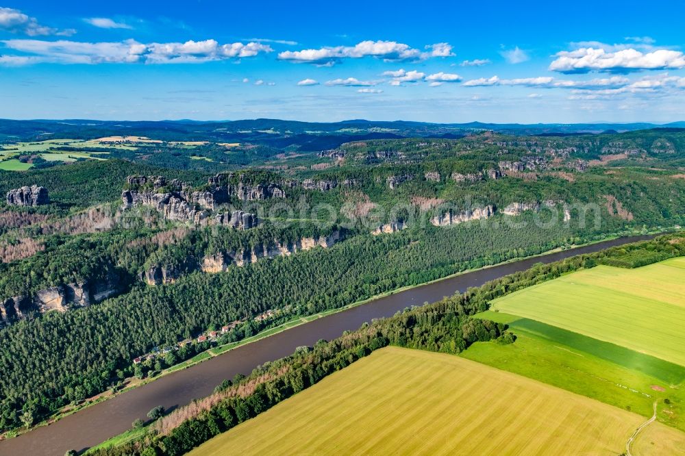 Aerial image Bad Schandau - Elbe Sandstone Mountains in Bad Schandau with the course of the Elbe in the state Saxony, Germany