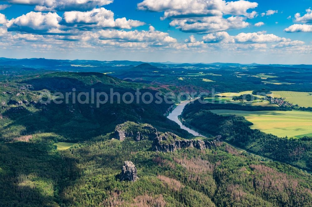 Bad Schandau from the bird's eye view: Elbe Sandstone Mountains in Bad Schandau with the course of the Elbe in the state Saxony, Germany