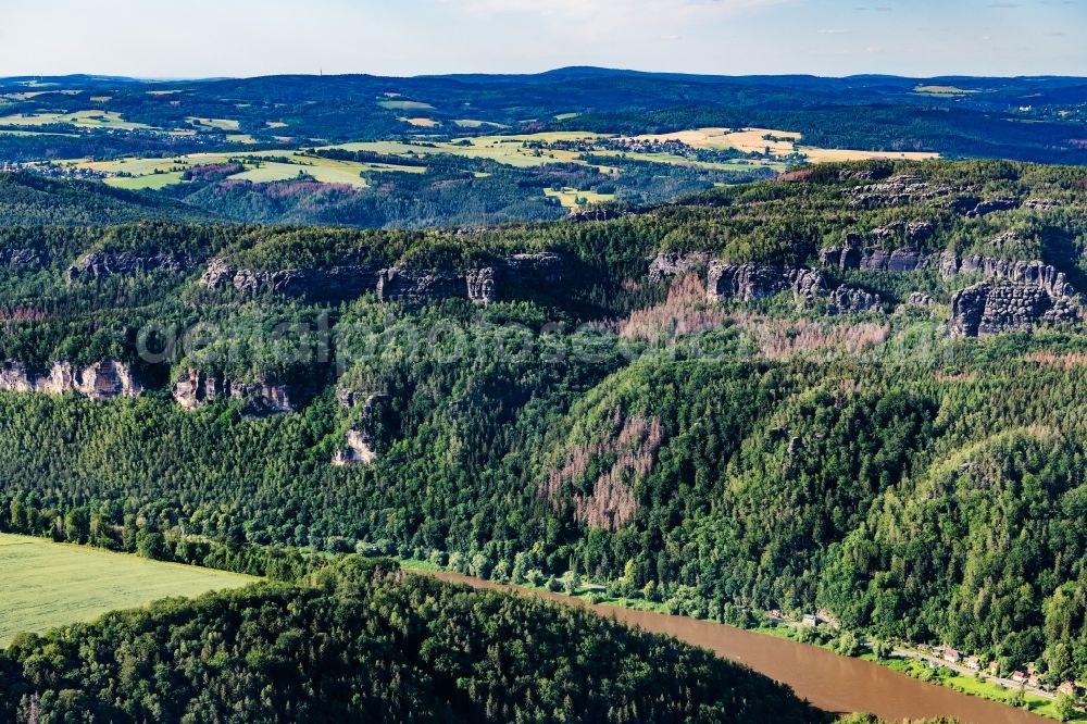 Bad Schandau from above - Elbe Sandstone Mountains in Bad Schandau with the course of the Elbe in the state Saxony, Germany