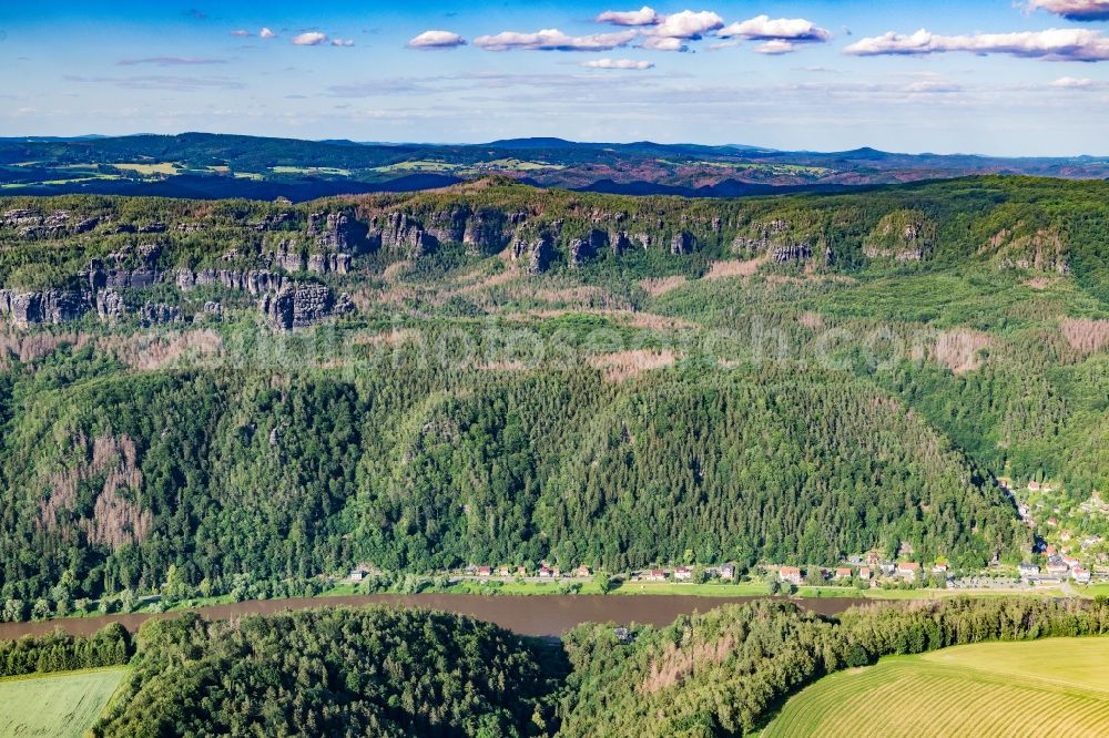 Bad Schandau from the bird's eye view: Elbe Sandstone Mountains in Bad Schandau with the course of the Elbe in the state Saxony, Germany