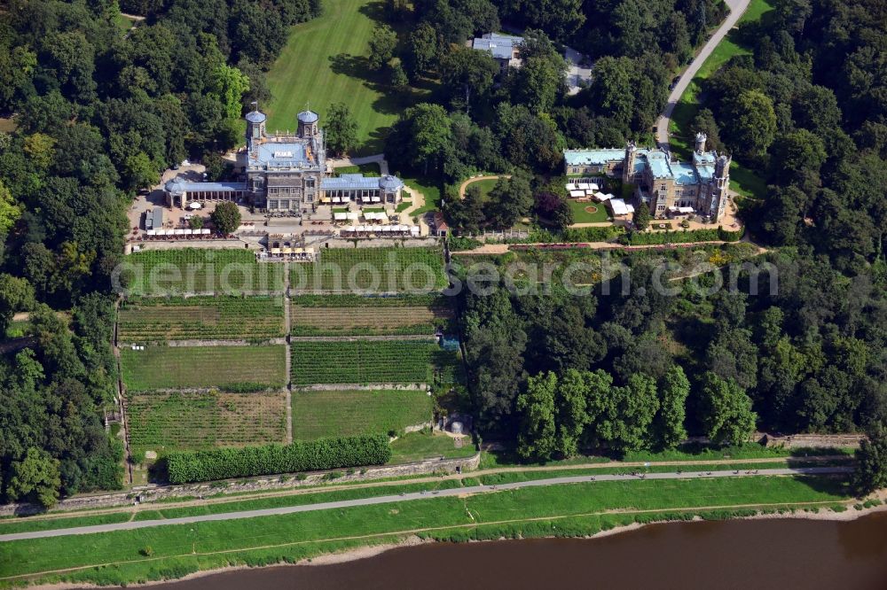 Dresden from above - View of two Elbe castles Lignerschloss and castle Eckberg on the banks of the river Elbe in Dresden in the state saxony