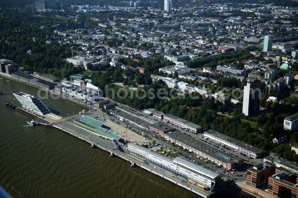 Hamburg from above - Banks of the Elbe bridge at Dockland- fishing port mirt the cruise ships terminals at the Van-der-Smissen Street in Hamburg