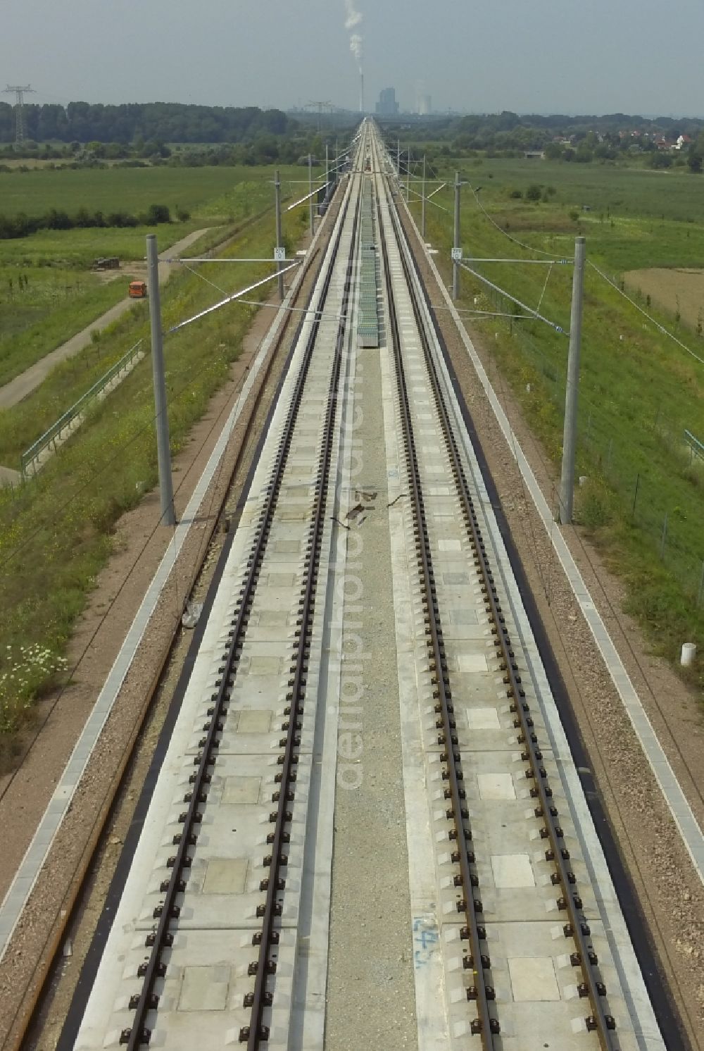 Lochau from the bird's eye view: Electrification work on the rail viaduct of the new ICE line operated by Deutsche Bahn in Lochau in Saxony-Anhalt