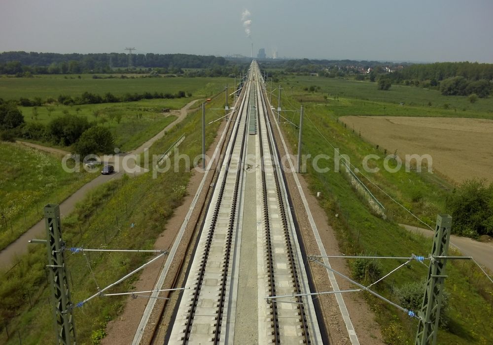 Aerial image Lochau - Electrification work on the rail viaduct of the new ICE line operated by Deutsche Bahn in Lochau in Saxony-Anhalt