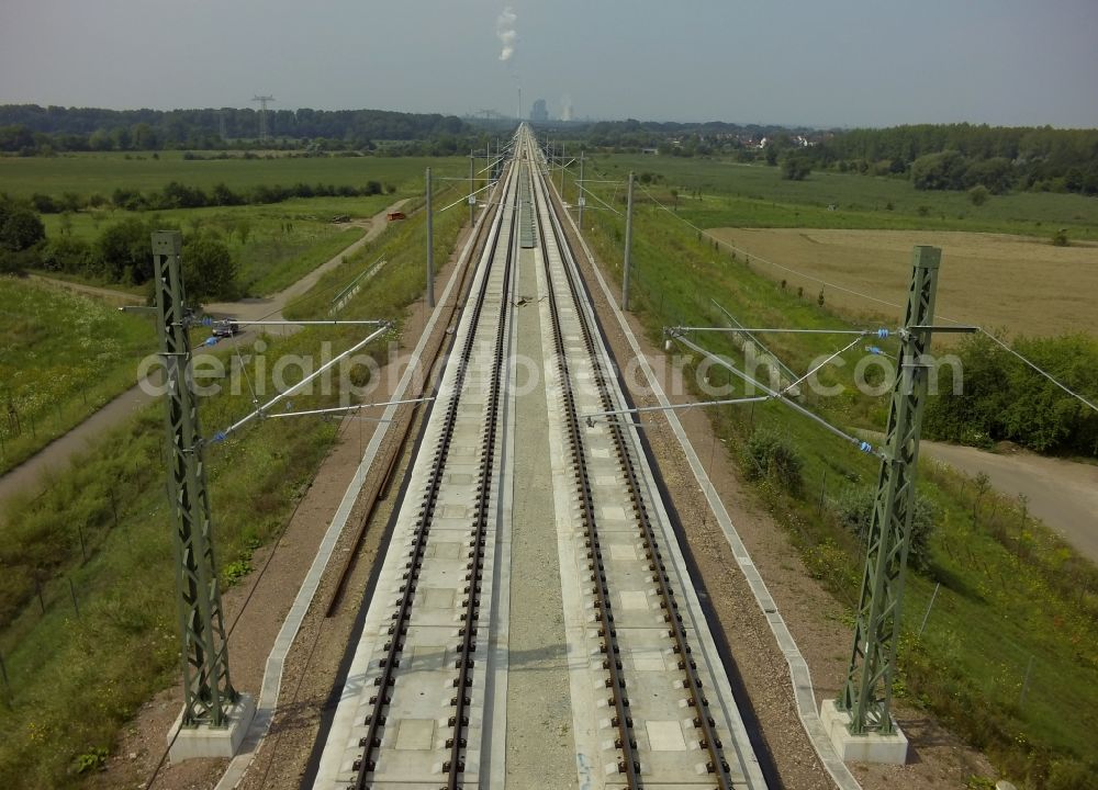 Aerial photograph Lochau - Electrification work on the rail viaduct of the new ICE line operated by Deutsche Bahn in Lochau in Saxony-Anhalt