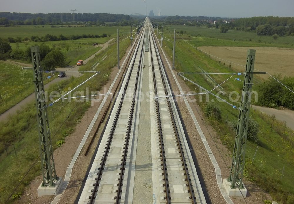 Lochau from above - Electrification work on the rail viaduct of the new ICE line operated by Deutsche Bahn in Lochau in Saxony-Anhalt