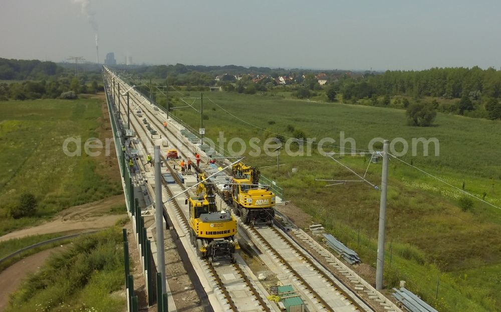 Aerial image Lochau - Electrification work on the rail viaduct of the new ICE line operated by Deutsche Bahn in Lochau in Saxony-Anhalt