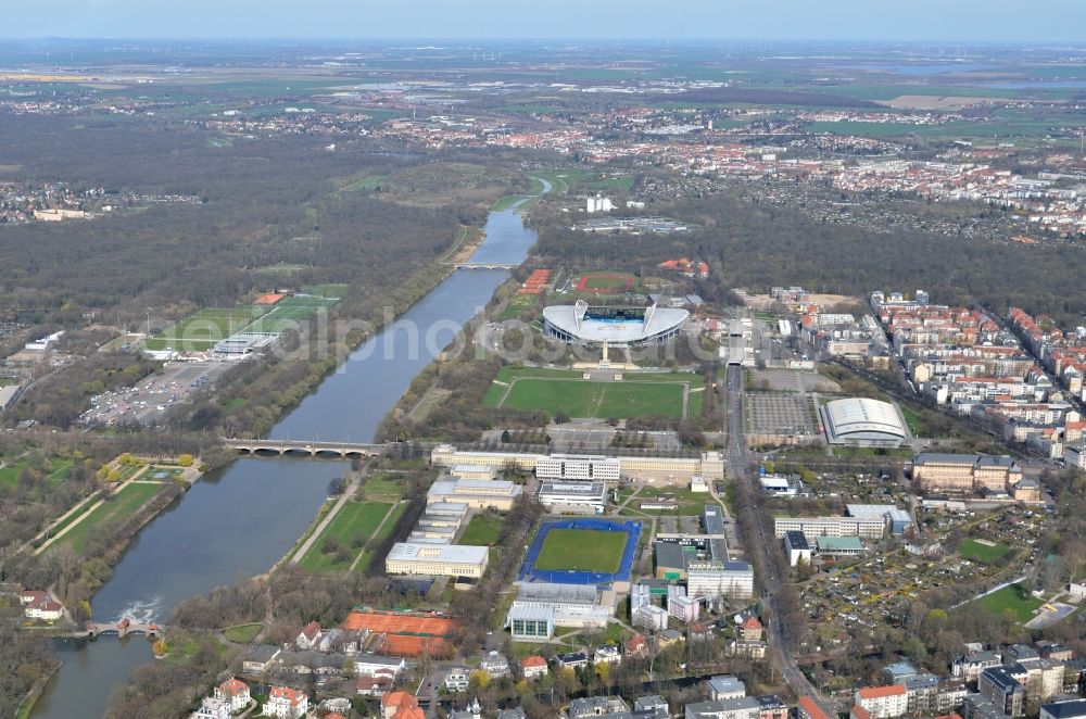 Aerial photograph Leipzig - View at the river Elsterflutbett, Sports Forum, fairground Festwiese and Red Bull Arena, former Zentralstadion, home of the football - club RB Leipzig Germany, Saxony