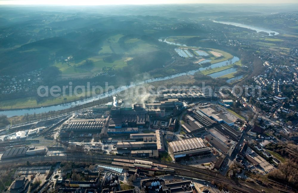 Aerial image Witten - Emission of the German steel plant on the River Ruhr in Witten in the Ruhr area in North Rhine-Westphalia