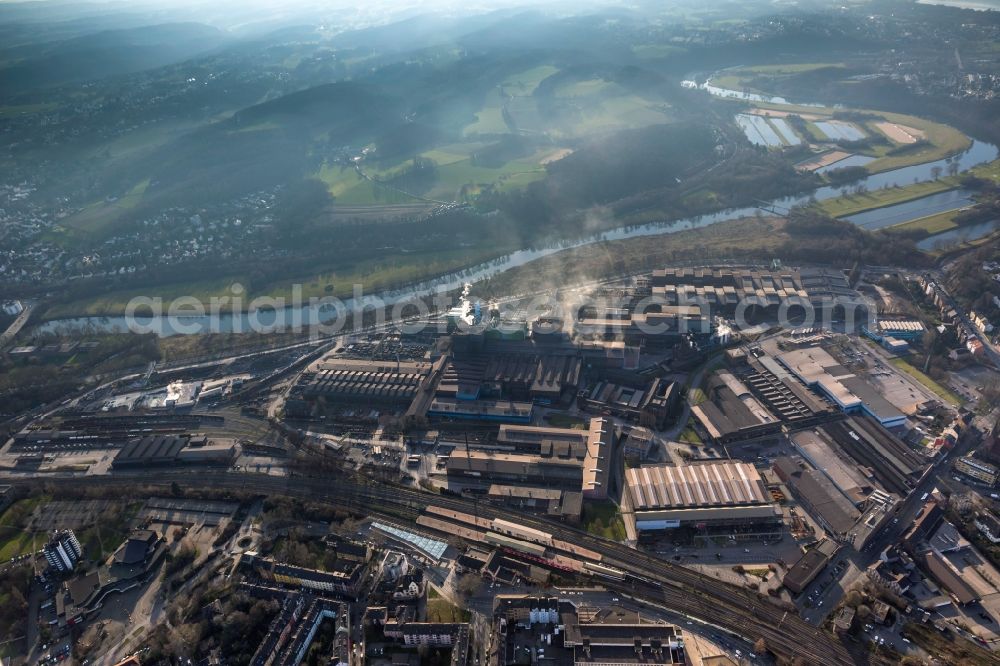 Aerial photograph Witten - Emission of the German steel plant on the River Ruhr in Witten in the Ruhr area in North Rhine-Westphalia