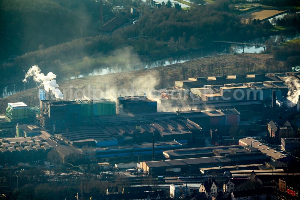 Witten from above - Emission of the German steel plant on the River Ruhr in Witten in the Ruhr area in North Rhine-Westphalia