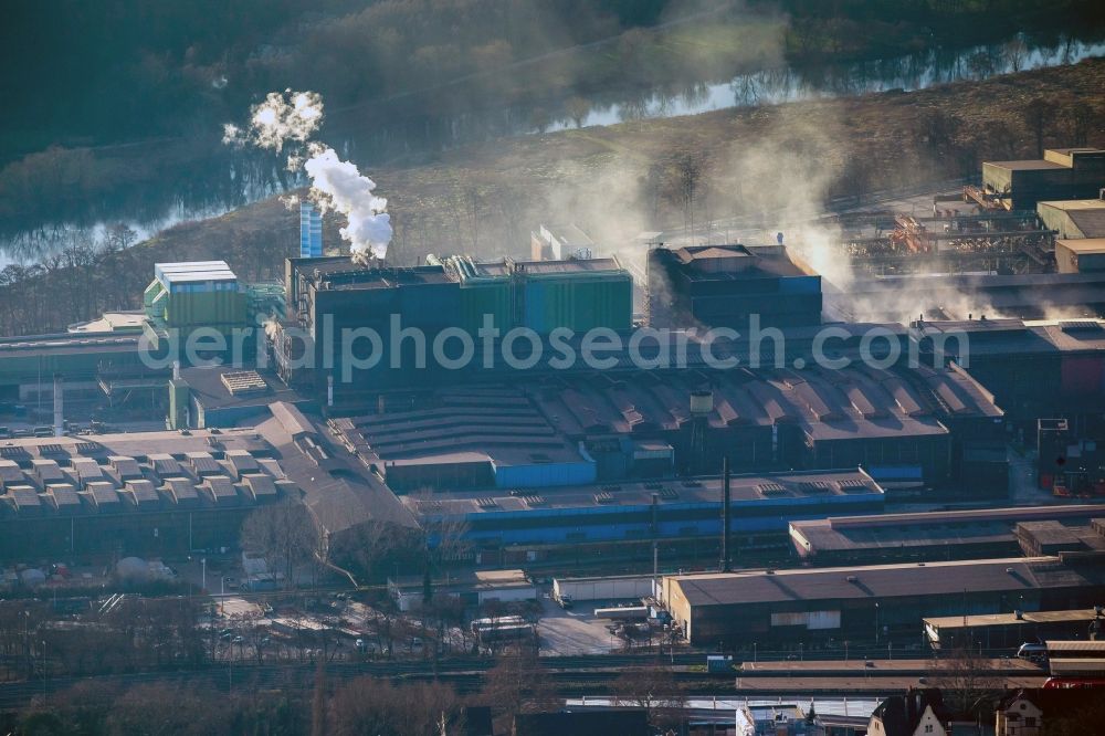 Witten from the bird's eye view: Emission of the German steel plant on the River Ruhr in Witten in the Ruhr area in North Rhine-Westphalia