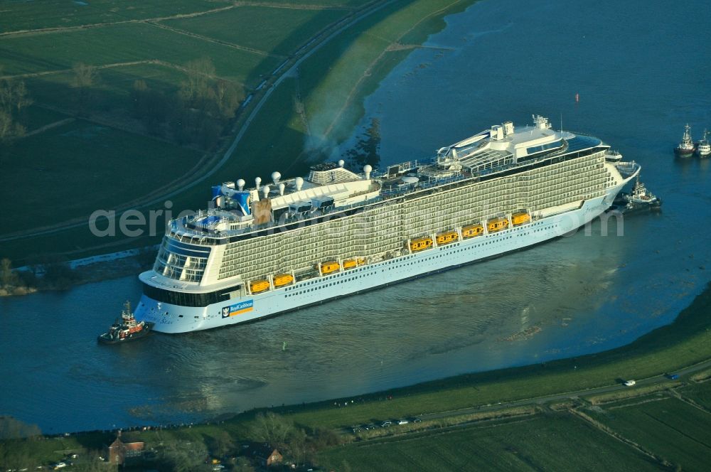 Westoverledingen from above - Ems transfer of the cruise ship Anthem of the Seas in Westoverledingen in Lower Saxony