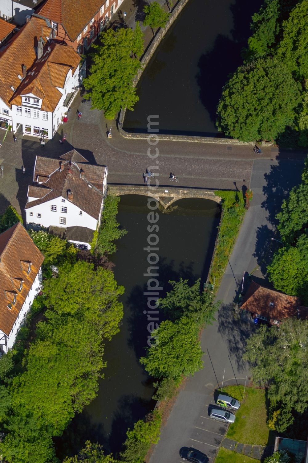 Warendorf from above - A bridge over the Ems in Warendorf in the state North Rhine-Westphalia. Over the bridge runs the street Zwischen den Emsbrücken