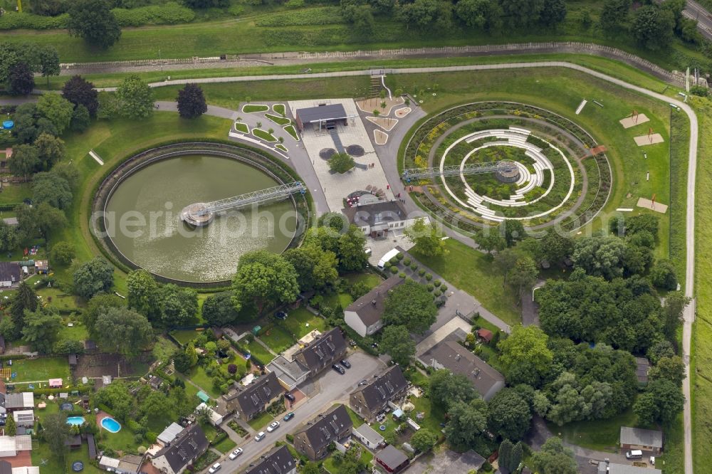 Aerial image Bottrop - View the former sewage treatment plant BernePark. By Emschergenossenschaft the decommissioned wastewater treatment plant was converted into a park. The two clarifiers are converted from landscape artists