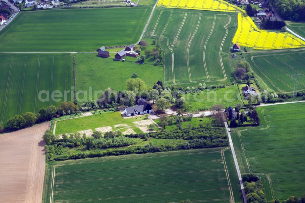 Holzwickede from above - View of the Emscherquellhof in Holzwickede in the state North Rhine-Westphalia. The Emscherquellhof is a timber-framed farm in the west of the Hixterwald