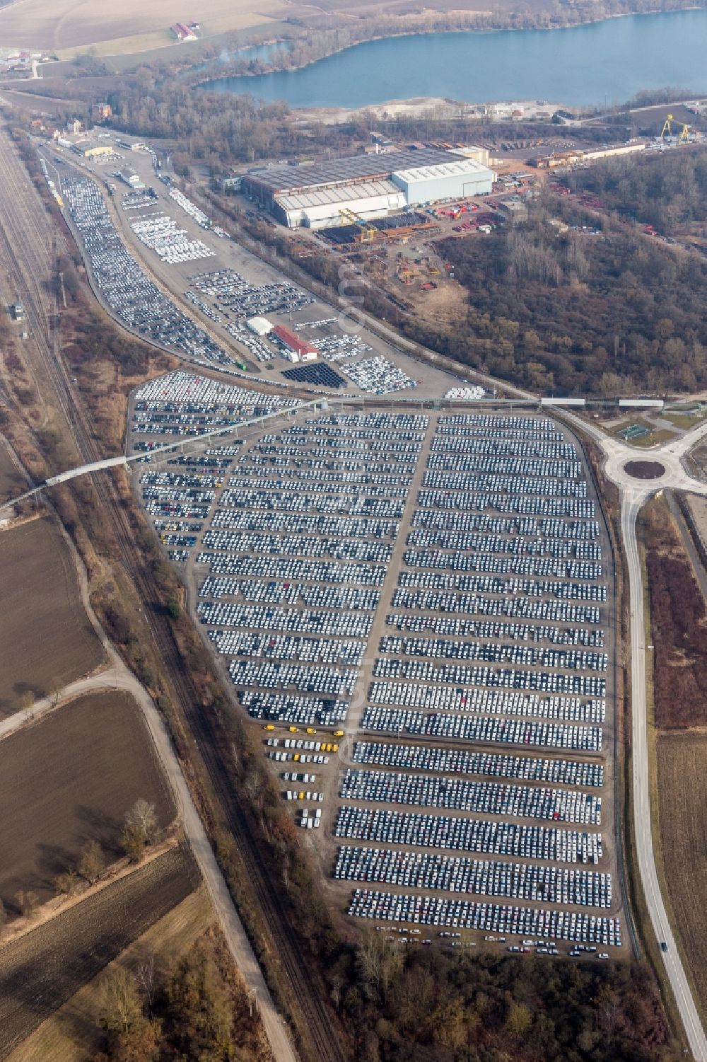 Lauterbourg from above - Warehouses and forwarding building and Custom storage of imported cars of Walon France in Lauterbourg in Grand Est, France