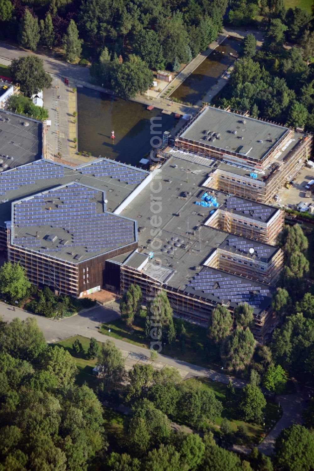 Berlin from above - View at the construction site for energy renovation of the FEZ Leisure Centre in the Wuhlheide in the Köpenick district of Berlin. Operator is the FEZ - Berlin Kjfz-L-gBmbH, building contractor is the Berlin Senate Department for Urban Development Regulation