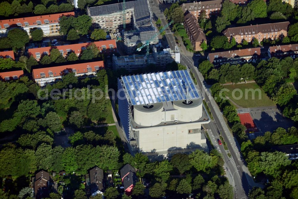 Aerial image Hamburg - The former bomb shelter / Flak bunker / Flak Tower in Hamburg-Wilhelmsburg was converted into a renewable power plant with large heat storage. The so called Energy bunker was built on the roof and on the south side with a solar system