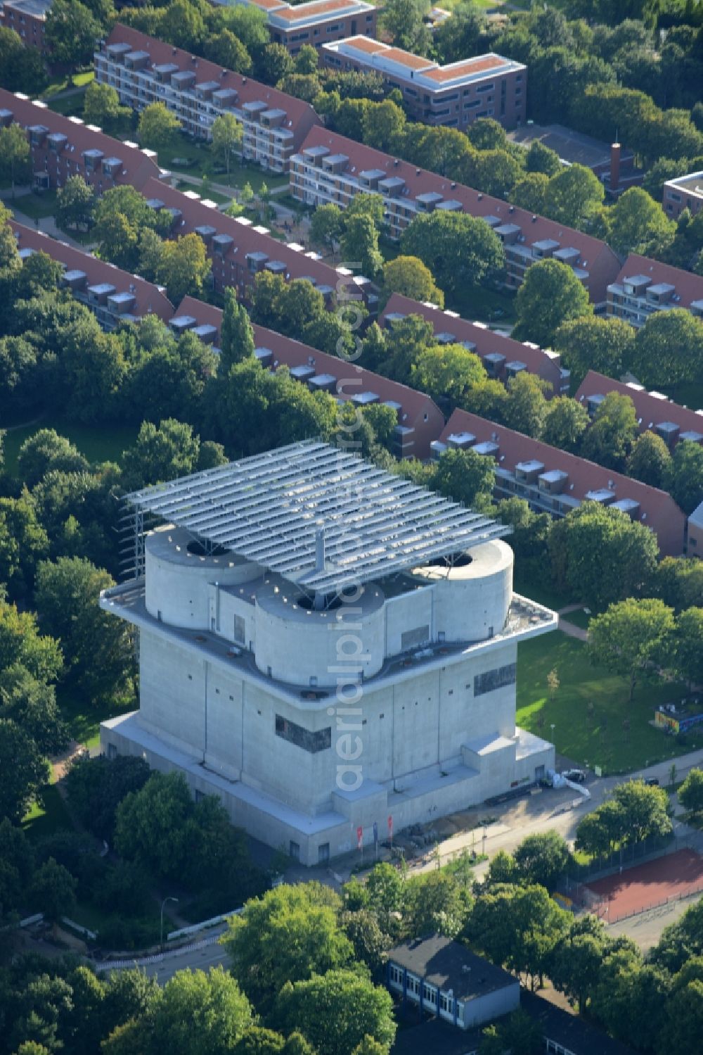 Hamburg from above - Energy Bunker in the Wilhelmsburg part of Hamburg in Germany. The former bunker includes solar arrays on its roof and is now a regenerative and sustainable power plant