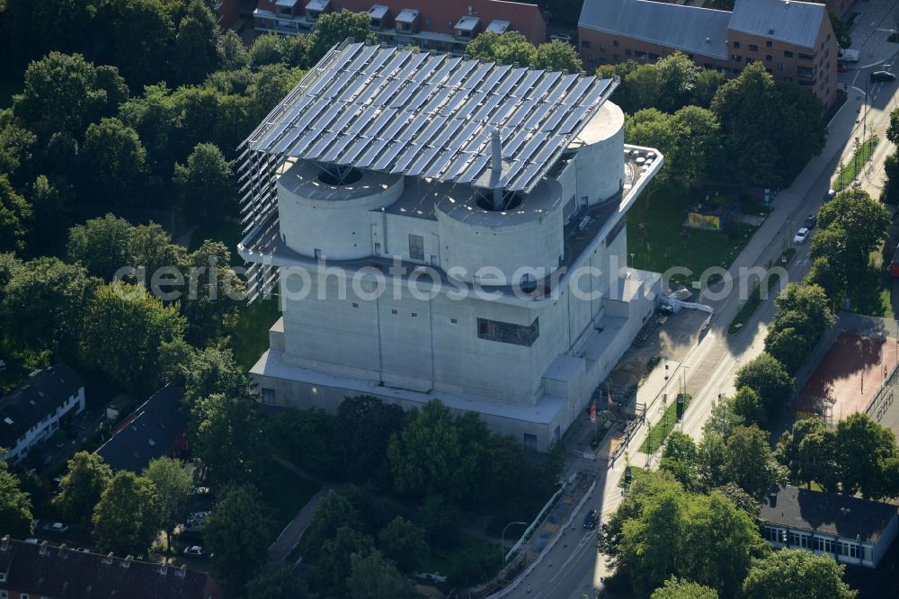 Hamburg from the bird's eye view: Energy Bunker in the Wilhelmsburg part of Hamburg in Germany. The former bunker includes solar arrays on its roof and is now a regenerative and sustainable power plant