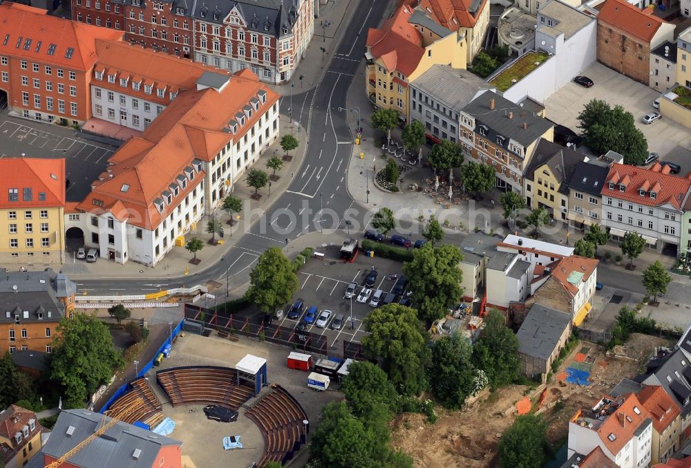 Jena from above - On Engelplatz in Jena in Thuringia takes place every year in summer the cultural arena instead.The popular open-air theater located at the theater house