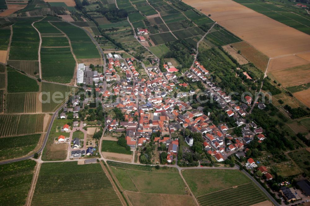 Engelstadt from above - Blick auf die Ortsgemeinde Engelstadt im Landkreis Mainz-Bingen in Rheinland-Pfalz. Die Gemeinde liegt südwestlich von Mainz und ist ein von der Landwirtschaft geprägter Ort. Der Weinort gehört zur Verbandsgemeinde Gau-Algesheim. View to the village Engelstadt in the administrative district Mainz-Bingen of Rhineland-Palatinate.