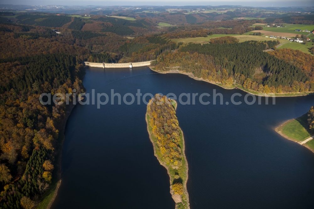 Breckerfeld Ennepetal from above - Ennepetal lock surrounded by autumnal forest areas in Breckerfeld at Ennepetal in North Rhine-Westphalia