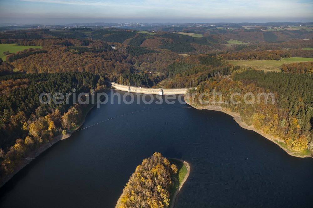 Breckerfeld Ennepetal from the bird's eye view: Ennepetal lock surrounded by autumnal forest areas in Breckerfeld at Ennepetal in North Rhine-Westphalia