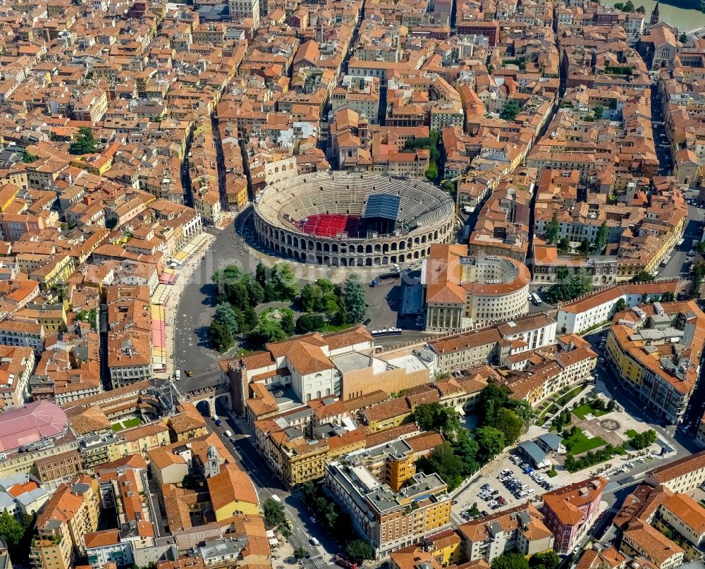 Verona from above - Historical attraction of the ensemble of the amphitheater Arena di Verona in Verona in Veneto, Italy