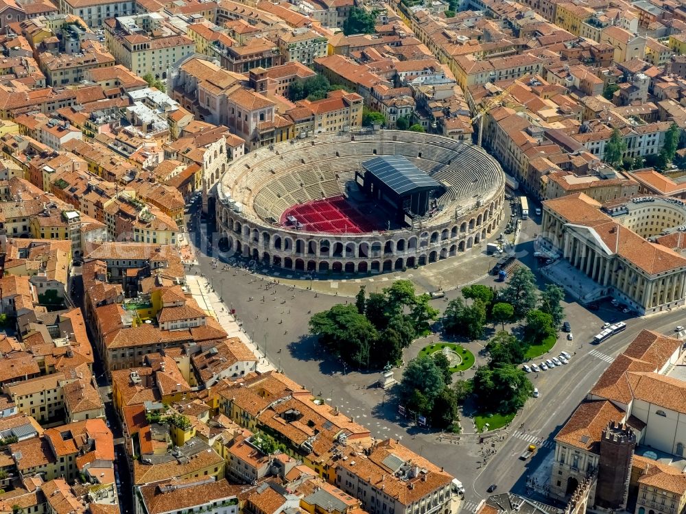 Verona from the bird's eye view: Historical attraction of the ensemble of the amphitheater Arena di Verona in Verona in Veneto, Italy