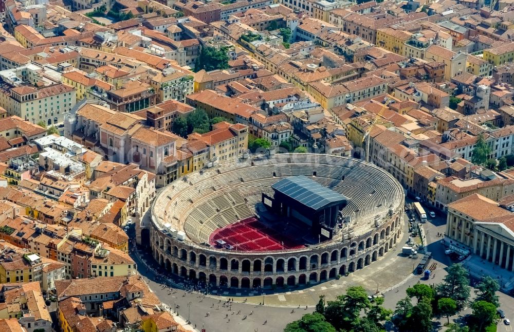 Aerial photograph Verona - Historical attraction of the ensemble of the amphitheater Arena di Verona in Verona in Veneto, Italy