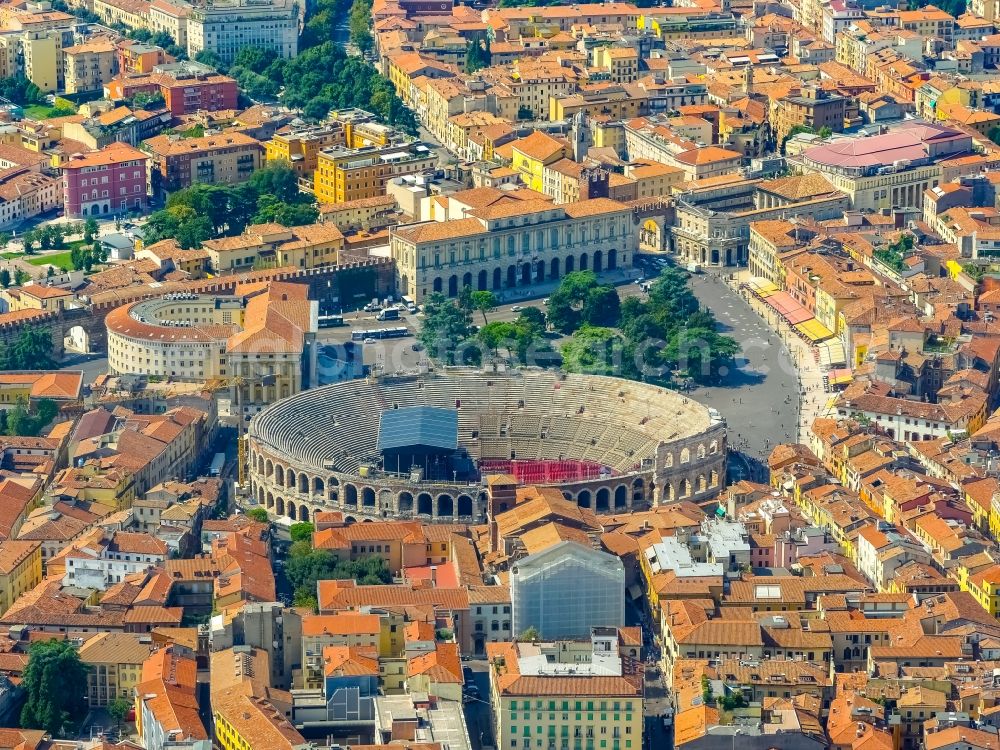 Verona from above - Historical attraction of the ensemble of the amphitheater Arena di Verona in Verona in Veneto, Italy