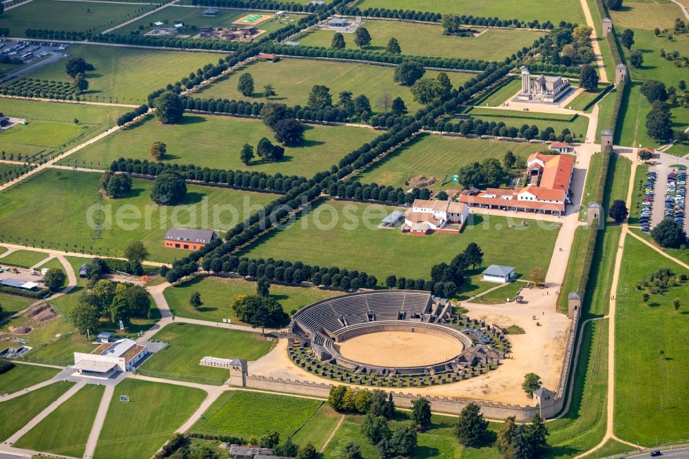 Aerial image Xanten - Historical attraction of the ensemble of the amphitheater in Archaeologischer Park in Xanten in the state North Rhine-Westphalia, Germany