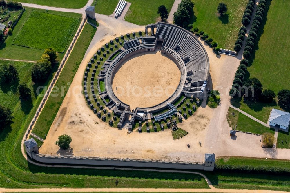 Aerial image Xanten - Historical attraction of the ensemble of the amphitheater in Archaeologischer Park in Xanten in the state North Rhine-Westphalia, Germany